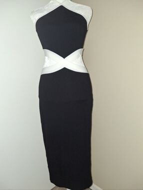 Sexy, Fitted, Black Dress w/White Cut Out Waist